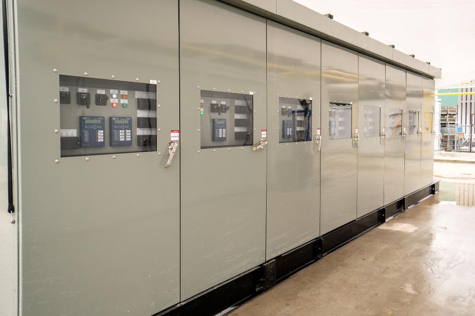 front side view of outdoor rated medium voltage switchgear lineup