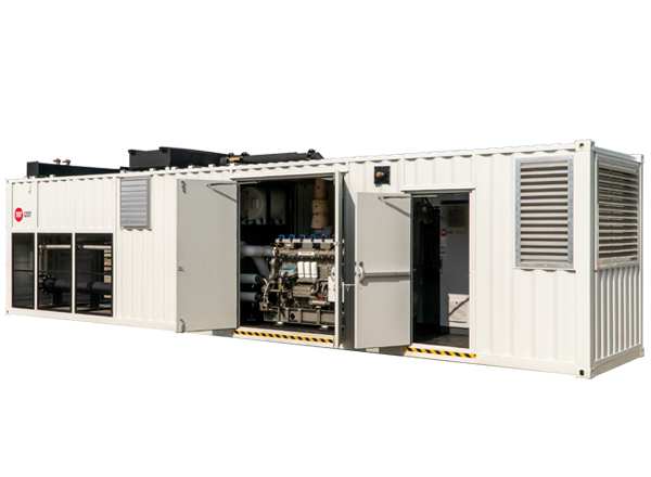 A cut-out image of a containerized prime power generator with the service doors open