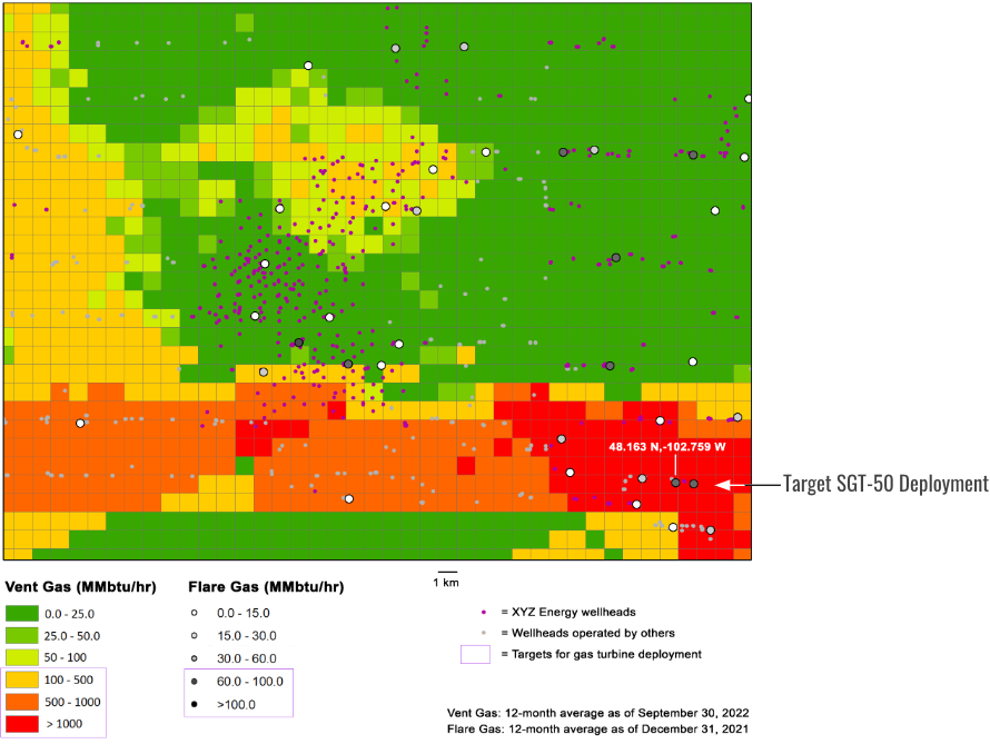 Satellite-Powered Heat Maps detect high vent gas and flare gas at wellheads.